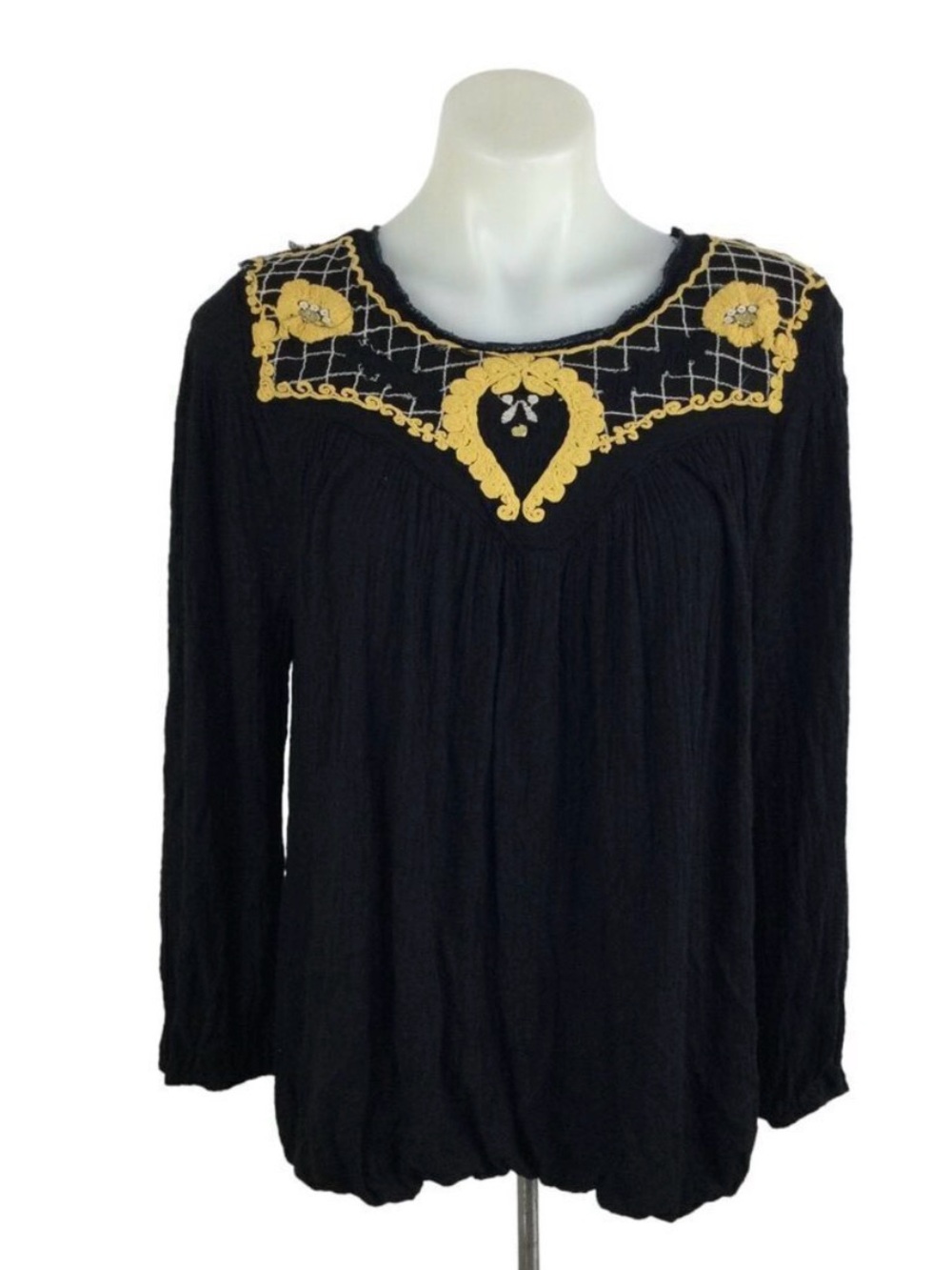 Free People Womens Begonia Embroidered Smocked Knit Pullover Blouse Top Black M